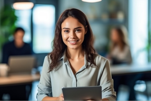 Portrait d'une jeune femme d'affaires caucasienne prospère, assise au bureau, travaillant sur un ordinateur portable en C