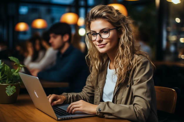 Portrait d'une jeune femme d'affaires caucasienne prospère, assise au bureau, travaillant sur un ordinateur portable en C