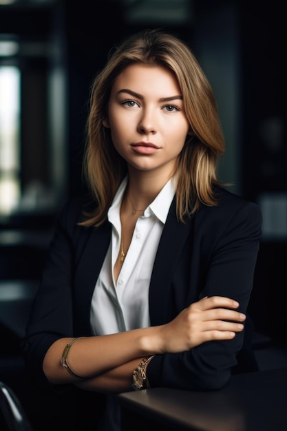 Portrait d'une jeune femme d'affaires confiante posant dans un bureau créé avec une IA générative