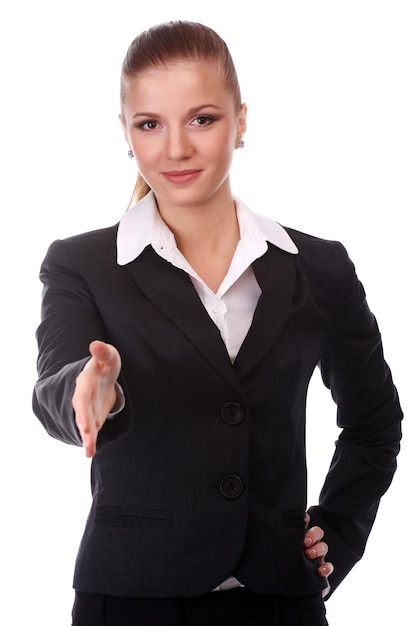 Portrait de jeune femme d'affaires en costume noir