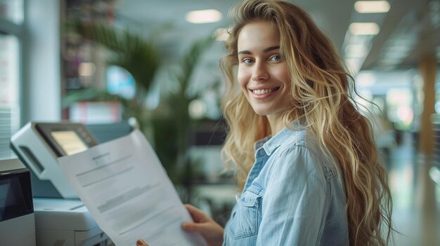 Portrait d'une jeune femme d'affaires heureuse travaillant au bureau. Elle tient un document à copier par imprimante laser.