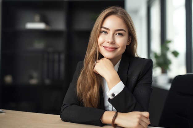 Portrait d'une jeune femme d'affaires heureuse travaillant dans un bureau créé avec une IA générative