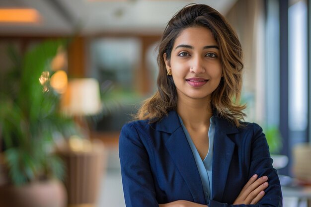 Photo portrait d'une jeune femme d'affaires indienne confiante debout au bureau dans un costume d'affaires bleu manager d'entreprise à succès posant pour la caméra avec les bras croisés souriant joyeusement