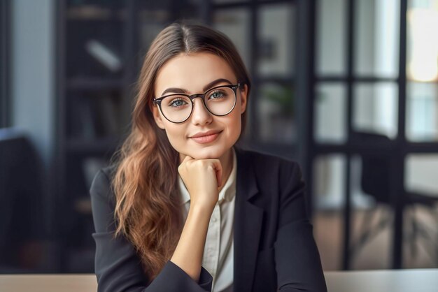 Portrait de jeune femme d'affaires à lunettes assis au bureau au bureau Generative AI