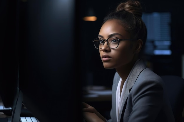 Portrait d'une jeune femme d'affaires travaillant sur un ordinateur dans un bureau créé avec une IA générative