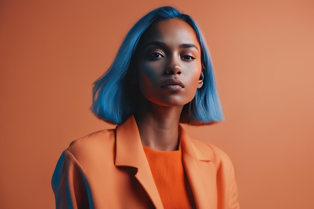 portrait d'une jeune femme afro-américaine avec une coiffure bleue posant dans un studio portrait de jeune afri