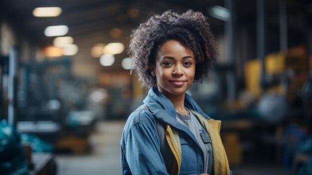 Photo portrait d'une jeune femme afro-américaine dans une combinaison bleue souriante dans un entrepôt