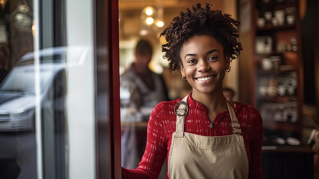 Portrait d'une jeune femme afro-américaine heureuse debout à la porte de son magasin Serveuse mature et joyeuse attendant des clients au café Propriétaire de petite entreprise Generative Ai