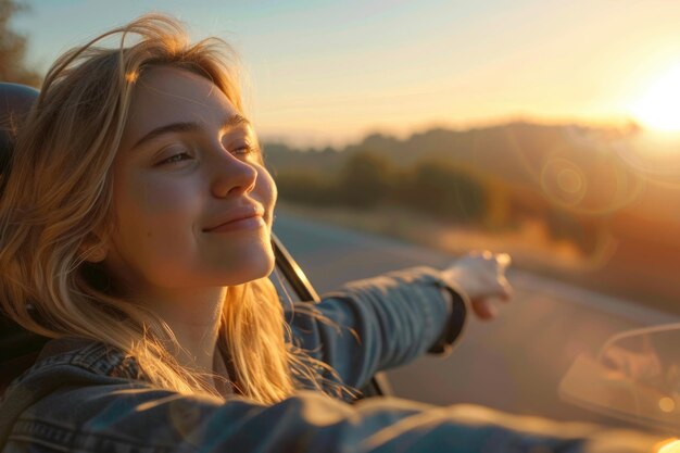 Photo portrait d'une jeune femme appréciant le coucher de soleil sur une voiture symbolisant la liberté