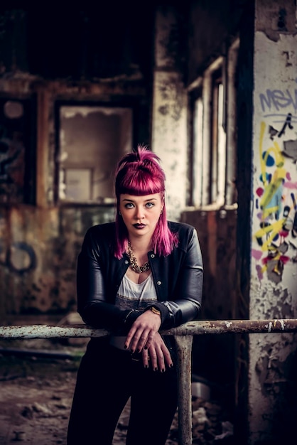 Photo portrait d'une jeune femme appuyée sur une balustrade dans un bâtiment abandonné