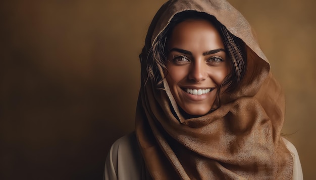 Portrait d'une jeune femme arabe sur fond marron