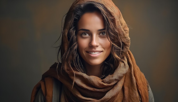 Portrait d'une jeune femme arabe sur fond marron