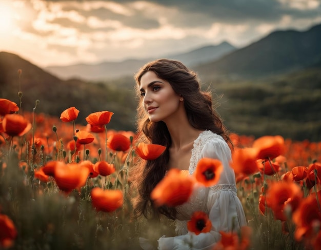 Portrait d'une jeune femme d'Artyan dans des champs de pavot Génération d'IA