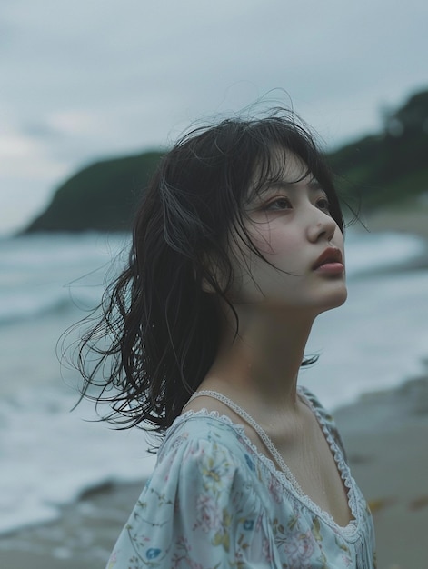 Photo portrait d'une jeune femme asiatique avec l'arrière-plan de la plage