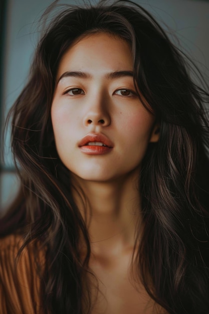 Portrait d'une jeune femme asiatique aux cheveux flottants Photographie de beauté en studio