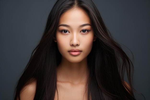 Portrait d'une jeune femme asiatique aux cheveux flottants Photographie de beauté en studio