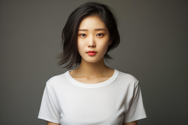 Portrait d'une jeune femme asiatique sur fond gris