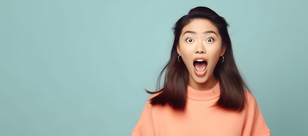Portrait d'une jeune femme asiatique ravie et choquée, incroyable, regardant la caméra et écartant les mains, isolée sur fond, publicité générative Ai