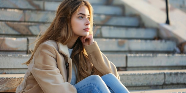 portrait d'une jeune femme assise sur les escaliers IA générative