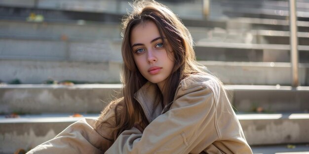 portrait d'une jeune femme assise sur les escaliers IA générative