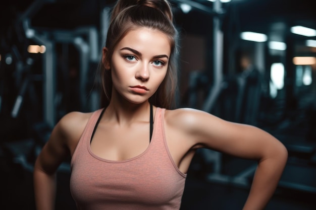 Photo portrait d'une jeune femme attrayante qui s'entraîne au gymnase créé avec l'ia générative