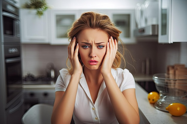 Portrait d'une jeune femme au foyer stressée dans une cuisine moderne