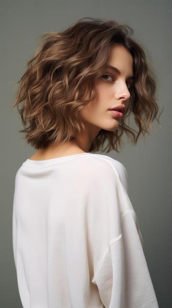 Portrait d'une jeune femme aux cheveux bruns ondulés