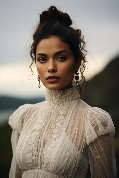 Portrait d'une jeune femme aux cheveux noirs portant une robe blanche