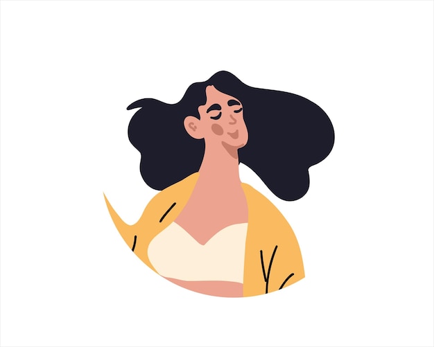 Portrait d'une jeune femme aux cheveux noirs, vecteur de style dessin animé isolé sur fond blanc