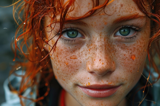 Portrait d'une jeune femme aux cheveux roux sur le fond d'une rue pluvieuse Longs cheveux roux bouclés