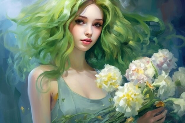 Portrait d'une jeune femme aux cheveux verts longs et bouclés tenant un bouquet de fleurs blanches délicates Peinture à l'huile de l'impressionnisme Mermaid girl Pour l'impression de couverture d'affiche Décoration murale