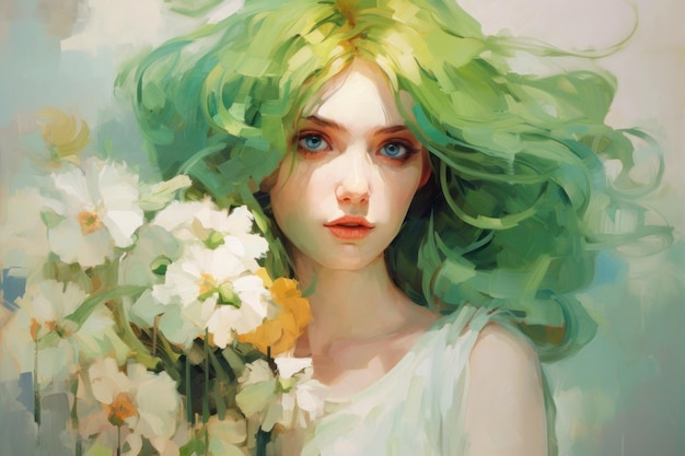 Portrait d'une jeune femme aux cheveux verts longs et bouclés tenant un bouquet de fleurs Humeur de solitude, de mélancolie et de dépression Dans le style de l'impressionnisme peinture à l'huile Mermaid girl Poste imprimé