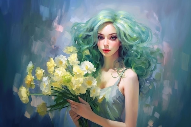 Portrait d'une jeune femme aux cheveux verts longs et bouclés tenant un bouquet de fleurs jaunes blanches délicates dans le style de la peinture à l'huile impressionniste Mermaid girl pour la décoration murale de carte postale