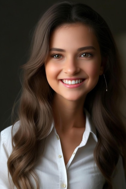 Un portrait d'une jeune femme aux longs cheveux bruns et une chemise blanche.