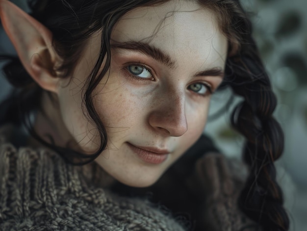 Portrait d'une jeune femme aux oreilles d'elfe et aux yeux captivants