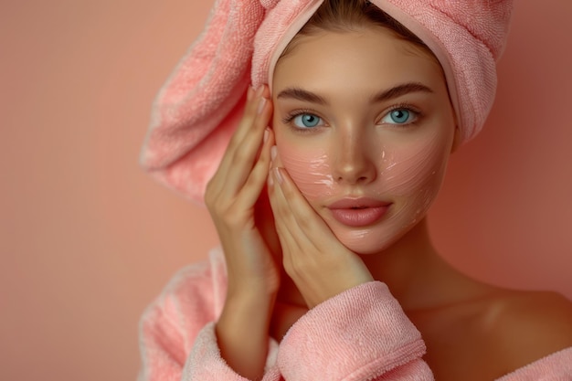 Portrait d'une jeune femme aux yeux bleus dans une enveloppe de spa rose et une serviette appréciant la routine de soins de la peau sur Soft