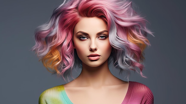 Portrait d'une jeune femme belle avec une coiffure lumineuse et colorée montrant l'individualité et la créativité AI générative