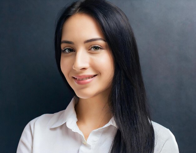 Photo portrait d'une jeune femme belle et joyeuse aux longs cheveux bruns sur un fond gris foncé