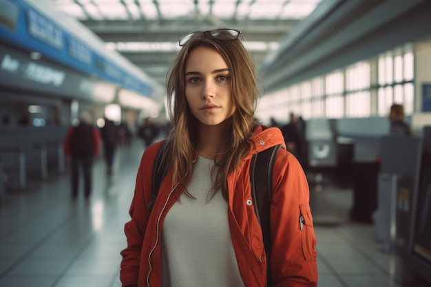 Portrait d'une jeune femme belle en veste rouge à l'aéroport Une jeune femme vêtue de vêtements décontractés pose à l' aéroport généré par l' IA