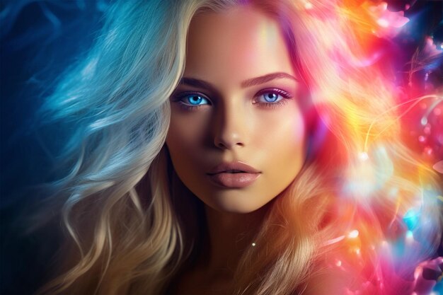 Portrait d'une jeune femme blonde avec effet holographique numérique