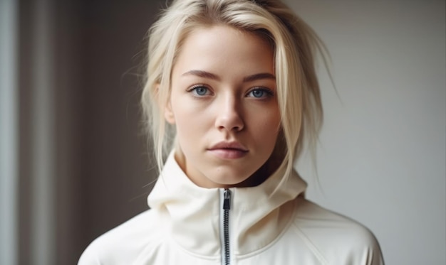 Portrait de jeune femme blonde en tenue de sport sur fond d'IA générative de mur blanc