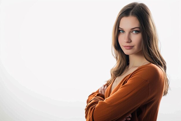 portrait de jeune femme bras croisés sur fond blanc isolé