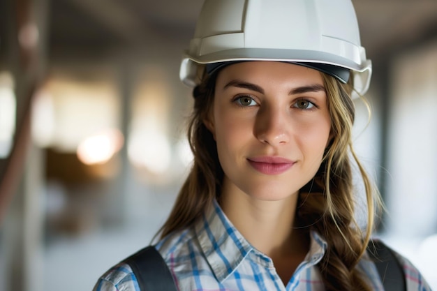 Portrait d'une jeune femme avec un casque dans un cadre de construction