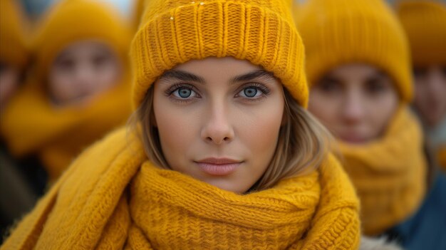 Portrait de jeune femme en chapeau d'hiver jaune et écharpe avec des amis