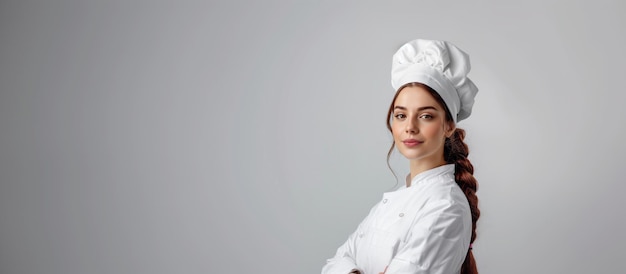 Portrait d'une jeune femme chef femme et souriante debout sur un fond gris