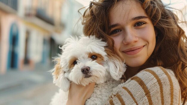 Portrait d'une jeune femme avec un chien dans les bras