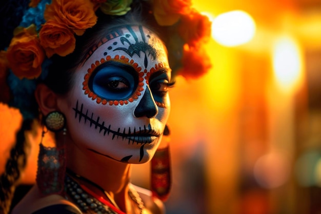 Portrait de jeune femme comme la Catrina avec un maquillage peint d'art brillant et des décorations florales sur la tête Célébration traditionnelle des vacances mexicaines préparée pour le festival La Muerte généré par l'IA