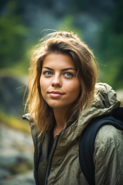 Portrait d'une jeune femme confiante appréciant le plein air lors d'une randonnée créée avec l'IA générative