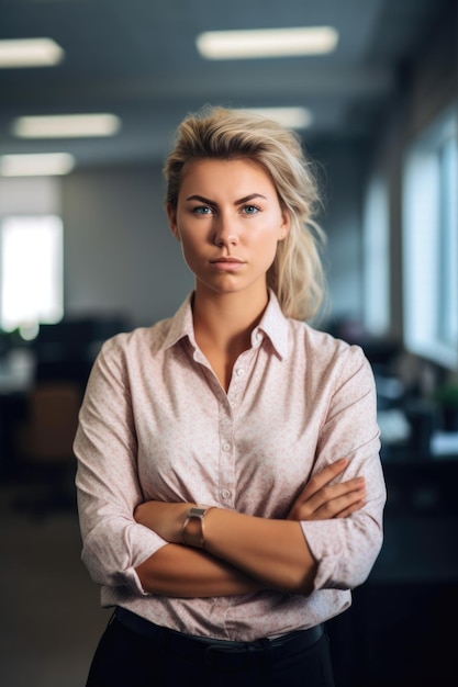 Portrait d'une jeune femme confiante debout dans un bureau créé avec une IA générative