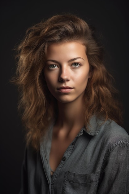 Portrait d'une jeune femme confiante posant sur un fond gris créé avec une IA générative